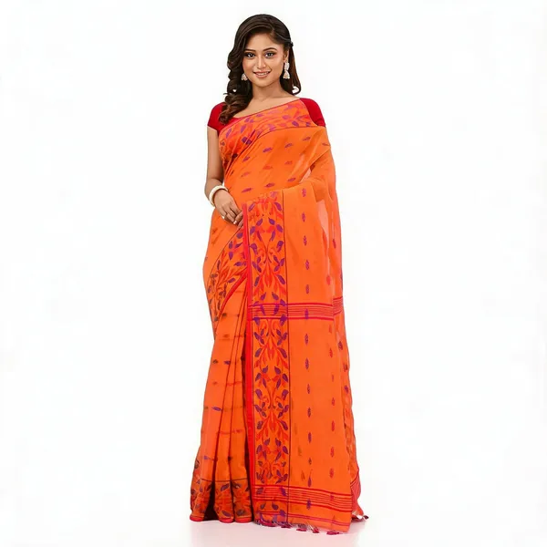 Orange_Cotton_Silk_Handloom_Floral_Saree_With_Blouse_Piece_For_Women