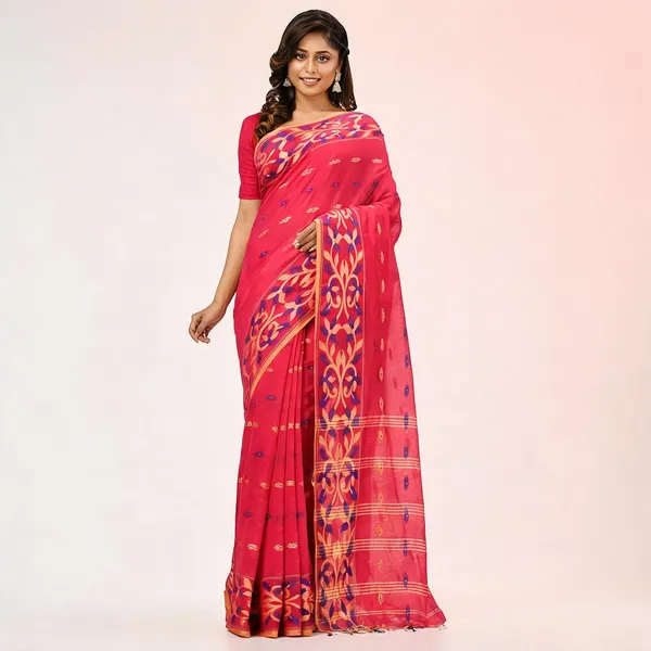 Crimson_Cotton_Silk_Handloom_Floral_Saree_With_Blouse_Piece_For_Women