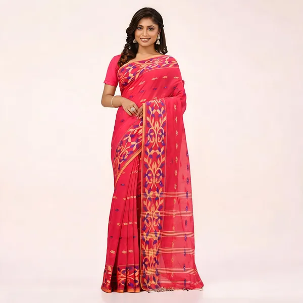 Crimson_Cotton_Silk_Handloom_Floral_Saree_With_Blouse_Piece_For_Women