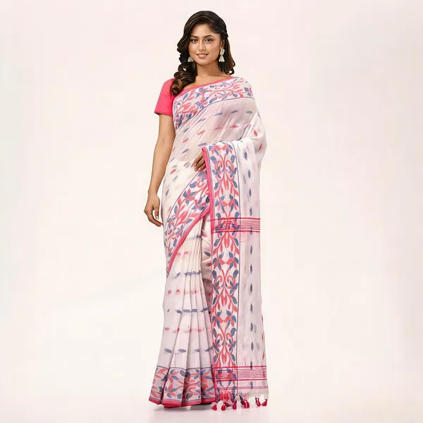 White_Cotton_Silk_Handloom_Printed_Saree_With_Blouse_Piece_For_Women