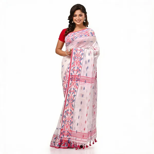 White_Cotton_Silk_Handloom_Printed_Saree_With_Blouse_Piece_For_Women