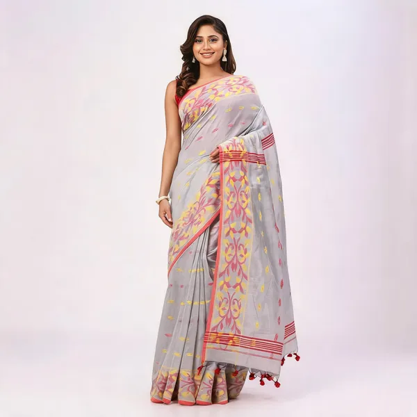 Grey_Cotton_Silk_Handloom_Floral_Saree_With_Blouse_Piece_For_Women