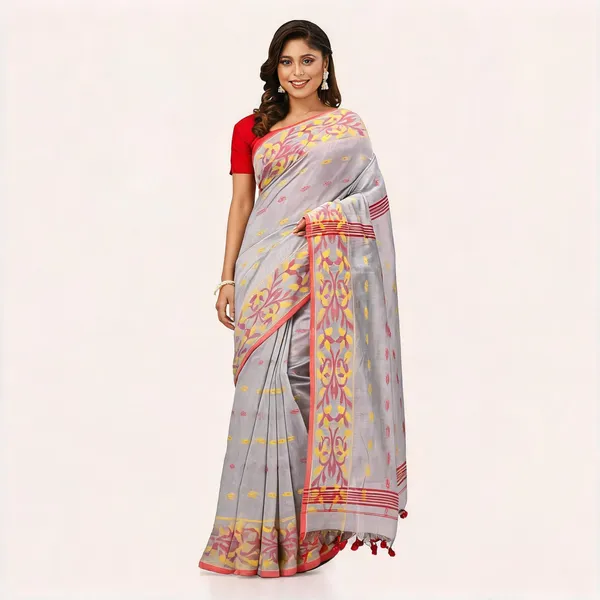 Grey_Cotton_Silk_Handloom_Floral_Saree_With_Blouse_Piece_For_Women