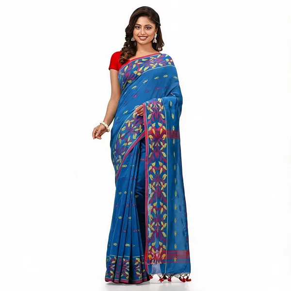 Blue_Cotton_Silk_Handloom_Floral_Saree_With_Blouse_Piece_For_Women