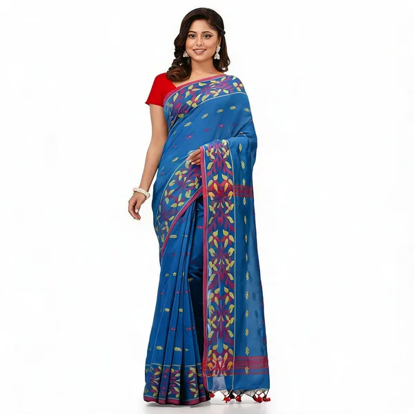 Blue_Cotton_Silk_Handloom_Floral_Saree_With_Blouse_Piece_For_Women