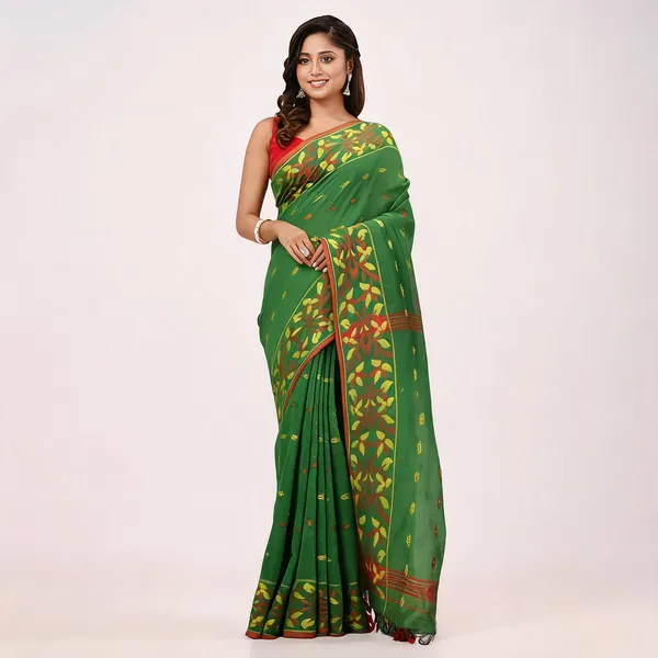 Green_Cotton_Silk_Handloom_Floral_Saree_With_Blouse_Piece_For_Women
