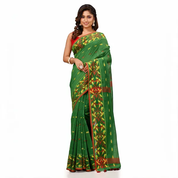 Green_Cotton_Silk_Handloom_Floral_Saree_With_Blouse_Piece_For_Women