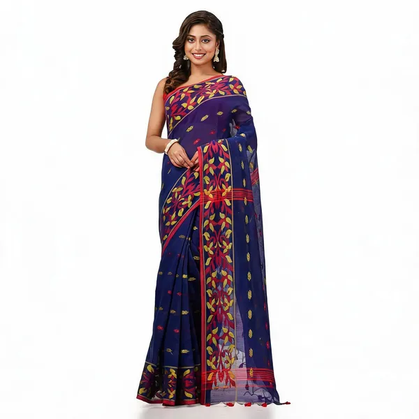 Dark_Blue_Cotton_Silk_Handloom_Floral_Saree_With_Blouse_Piece_For_Women