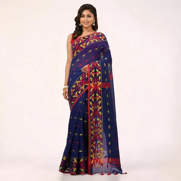 Dark_Blue_Cotton_Silk_Handloom_Floral_Saree_With_Blouse_Piece_For_Women