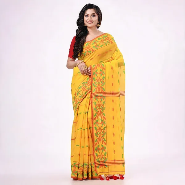 Yellow_Cotton_Silk_Handloom_Floral_Saree_With_Blouse_Piece_For_Women