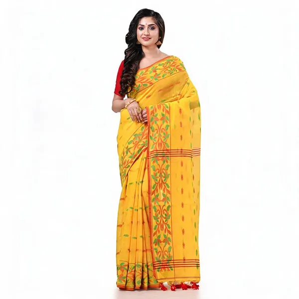Yellow_Cotton_Silk_Handloom_Floral_Saree_With_Blouse_Piece_For_Women