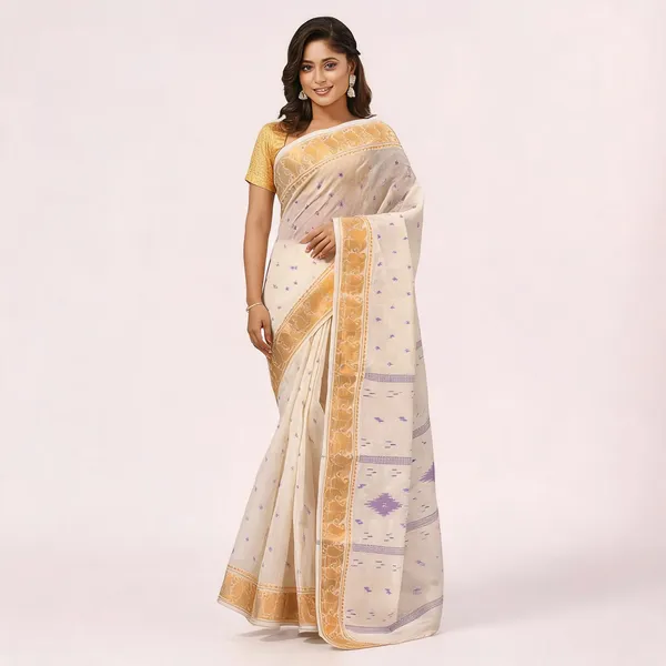 White_Cotton_Floral_Zari_Woven_Bengal_Handloom_Saree_For_Women
