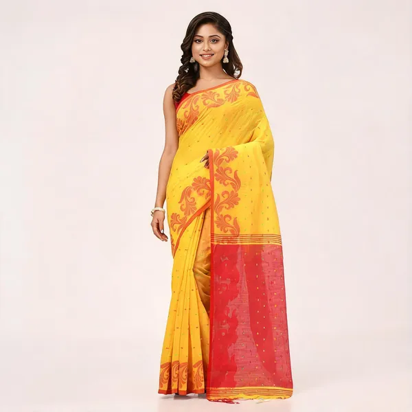 Yellow_Cotton_Silk_Handloom_Floral_Saree_With_Blouse_For_Women