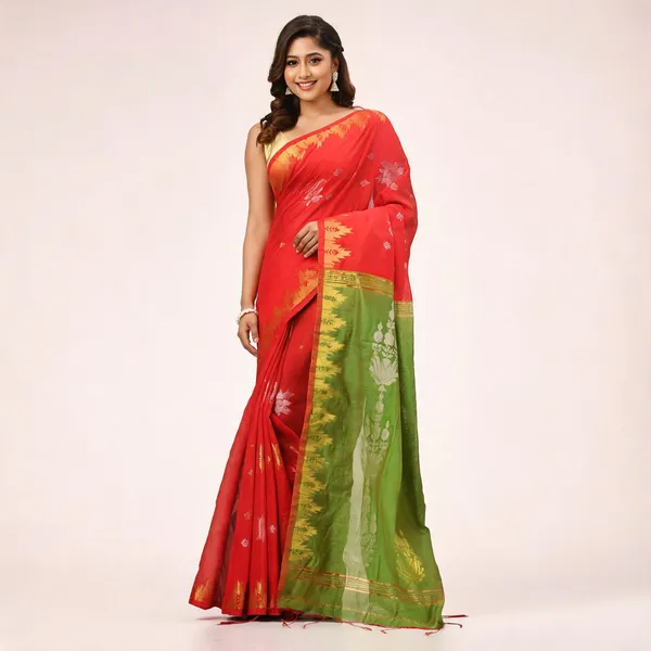 Orange_Green_Cotton_Silk_Handloom_Floral_Saree_With_Blouse_Piece_For_Women