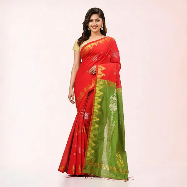 Orange_Green_Cotton_Silk_Handloom_Floral_Saree_With_Blouse_Piece_For_Women