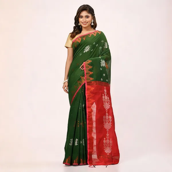 Green_Red_Cotton_Silk_Handloom_Floral_Saree_With_Blouse_Piece_For_Women