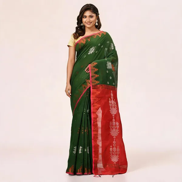 Green_Red_Cotton_Silk_Handloom_Floral_Saree_With_Blouse_Piece_For_Women