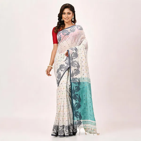 White_Cotton_Silk_Floral_Handloom_Saree_With_Blouse_For_Women