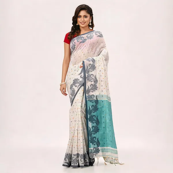 White_Cotton_Silk_Floral_Handloom_Saree_With_Blouse_For_Women