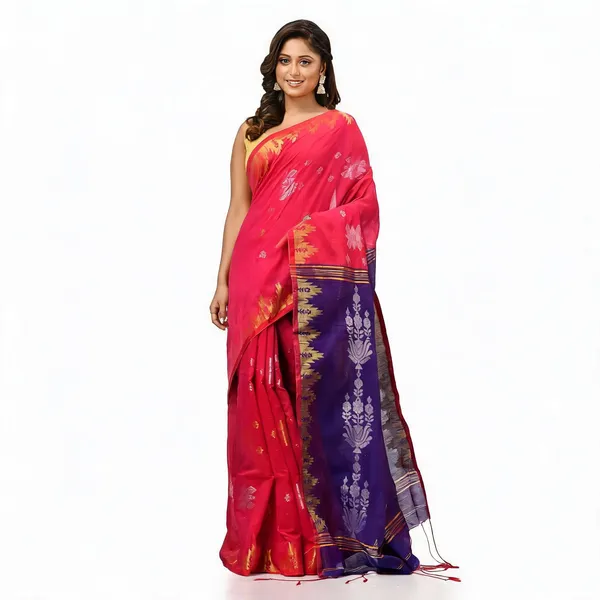 Crimson_Blue_Cotton_Silk_Handloom_Floral_Jharbati_Saree_For_Women