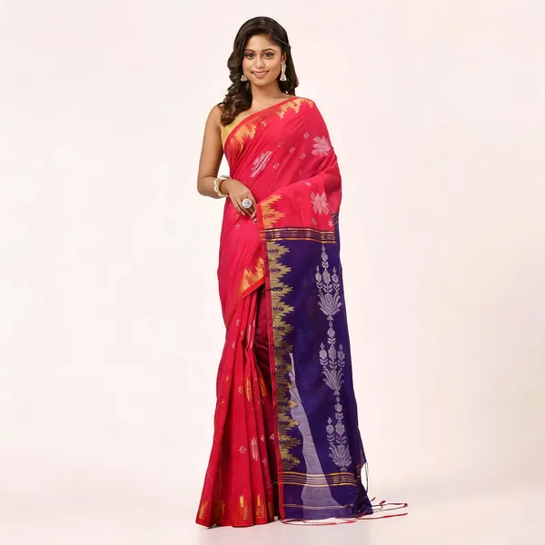 Crimson_Blue_Cotton_Silk_Handloom_Floral_Jharbati_Saree_For_Women