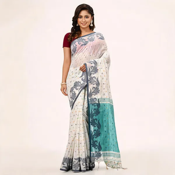 White_Cotton_Silk_Handloom_Saree_With_Blouse_Piece_For_Women