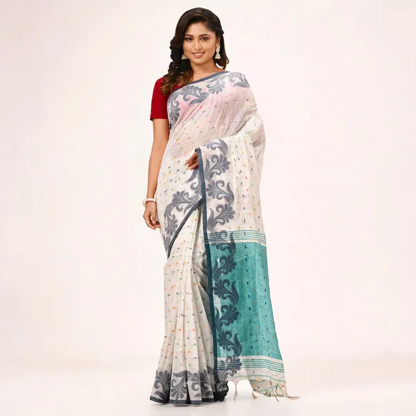 White_Cotton_Silk_Handloom_Saree_With_Blouse_Piece_For_Women