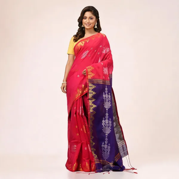 Crimson_Blue_Cotton_Silk_Handloom_Floral_Saree_With_Blouse_Piece_For_Women