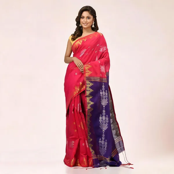 Crimson_Blue_Cotton_Silk_Handloom_Floral_Saree_With_Blouse_Piece_For_Women