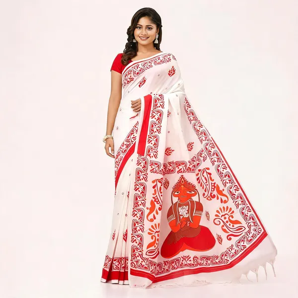 Red_Cotton_Silk_Handloom_Floral_Saree_With_Blouse_For_Women