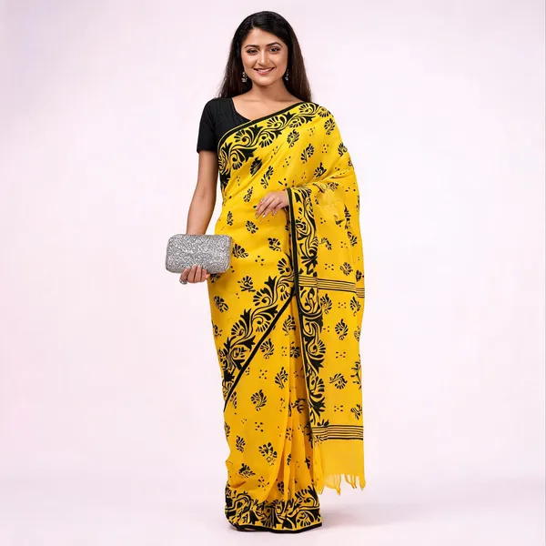 Yellow_Black_Cotton_Floral_Handloom_Saree_With_Blouse_For_Women