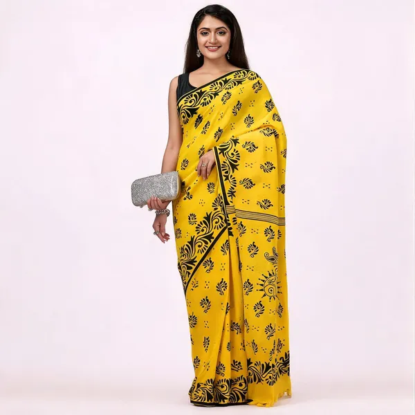Yellow_Black_Cotton_Floral_Handloom_Saree_With_Blouse_For_Women