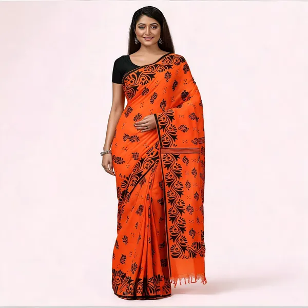 Orange_Black_Cotton_Floral_Handloom_Saree_With_Blouse_For_Women