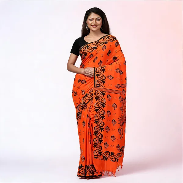 Orange_Black_Cotton_Floral_Handloom_Saree_With_Blouse_For_Women