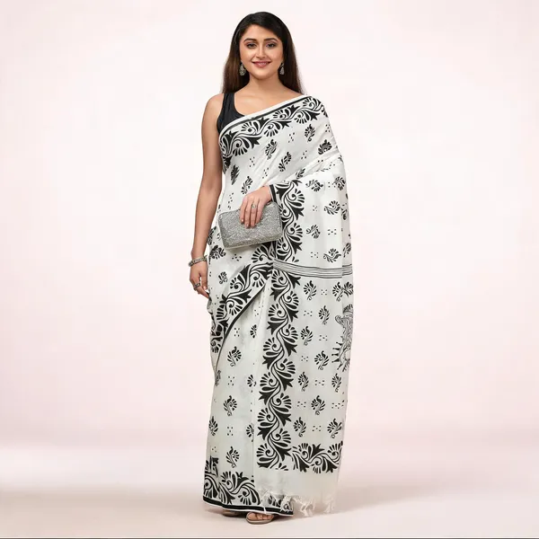 White_Black_Cotton_Handloom_Floral_Saree_With_Blouse_For_Women
