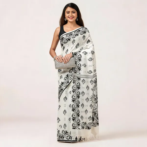 White_Black_Cotton_Handloom_Floral_Saree_With_Blouse_For_Women