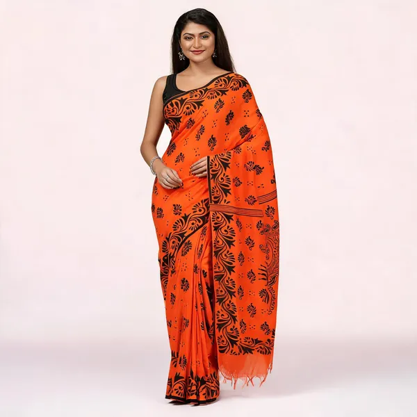 Orange_Black_Cotton_Floral_Handloom_Saree_With_Blouse_For_Women