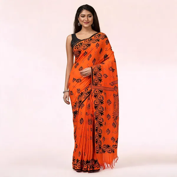 Orange_Black_Cotton_Floral_Handloom_Saree_With_Blouse_For_Women