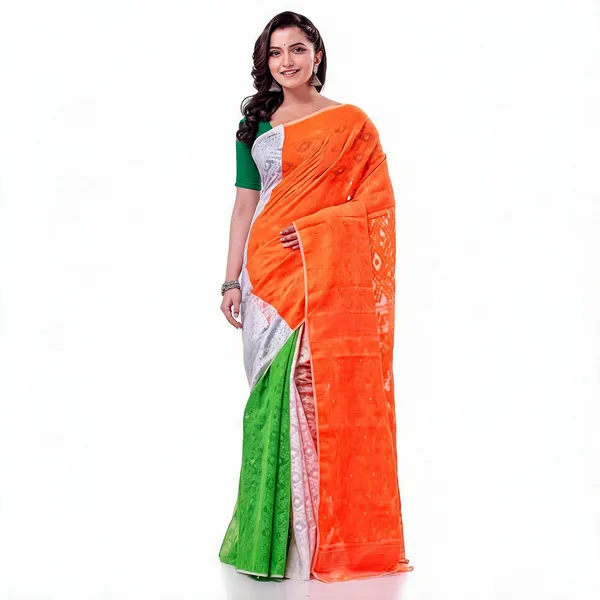 Orange_Green_White_Cotton_Jamdani_Floral_Saree_With_Blouse_For_Women