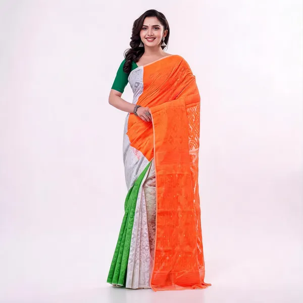 Orange_Green_White_Cotton_Jamdani_Floral_Saree_With_Blouse_For_Women