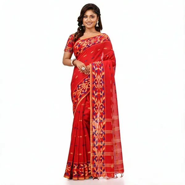 Red_Cotton_Silk_Handloom_Saree_With_Blouse_Piece_For_Women