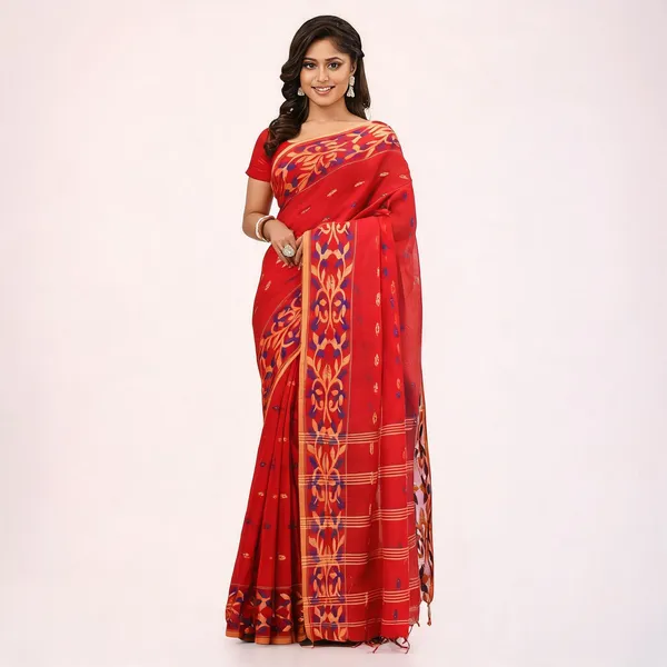 Red_Cotton_Silk_Handloom_Saree_With_Blouse_Piece_For_Women