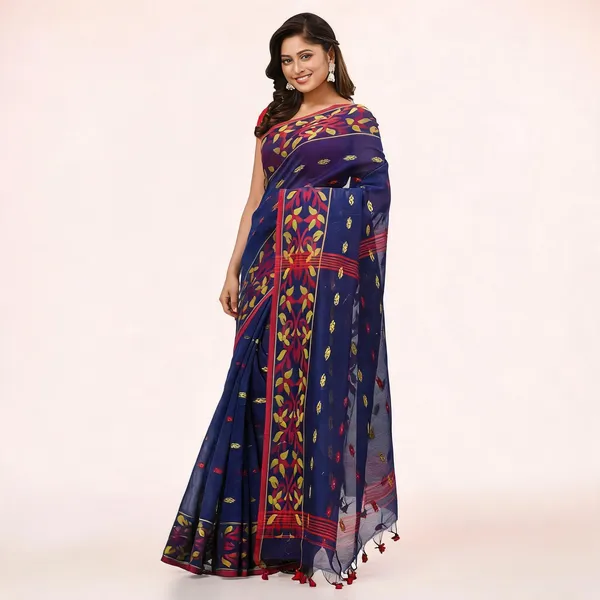 Dark_Blue_Cotton_Silk_Handloom_Saree_With_Blouse_Piece_For_Women