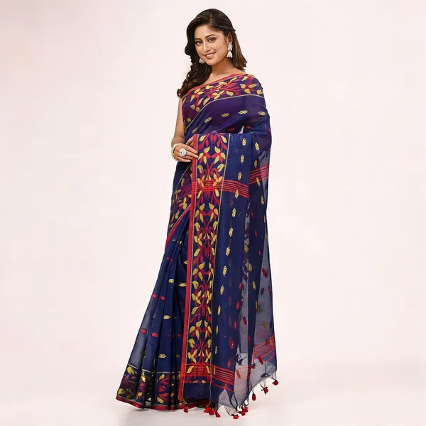 Dark_Blue_Cotton_Silk_Handloom_Saree_With_Blouse_Piece_For_Women
