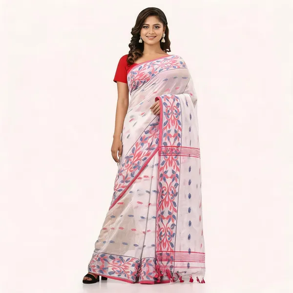 White_Cotton_Silk_Handloom_Saree_With_Blouse_Piece_For_Women