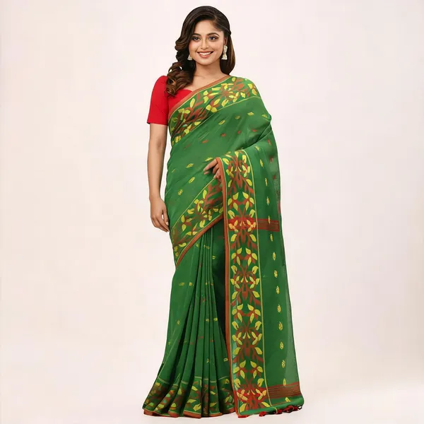 Green_Cotton_Silk_Floral_Handloom_Saree_With_Blouse_Piece_For_Women
