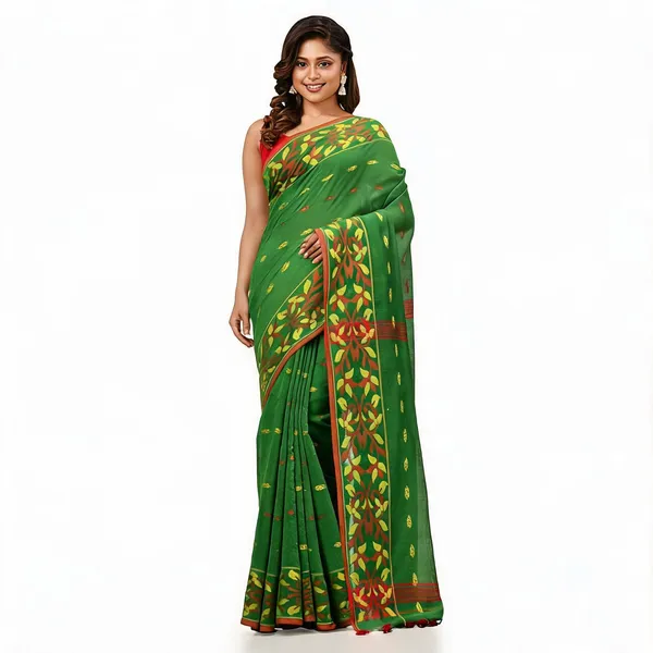 Green_Cotton_Silk_Floral_Handloom_Saree_With_Blouse_Piece_For_Women