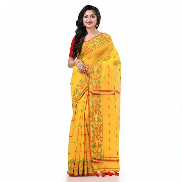 Yellow_Cotton_Silk_Floral_Handloom_Saree_With_Blouse_Piece_For_Women