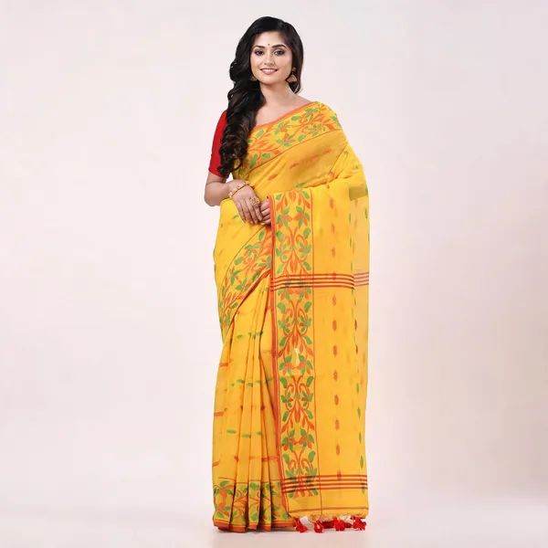 Yellow_Cotton_Silk_Floral_Handloom_Saree_With_Blouse_Piece_For_Women