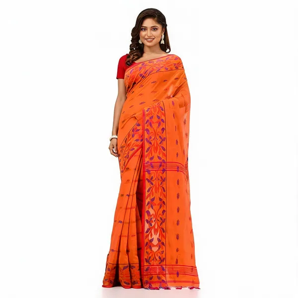 Orange_Cotton_Silk_Handloom_Woven_Saree_With_Blouse_Piece_For_Women